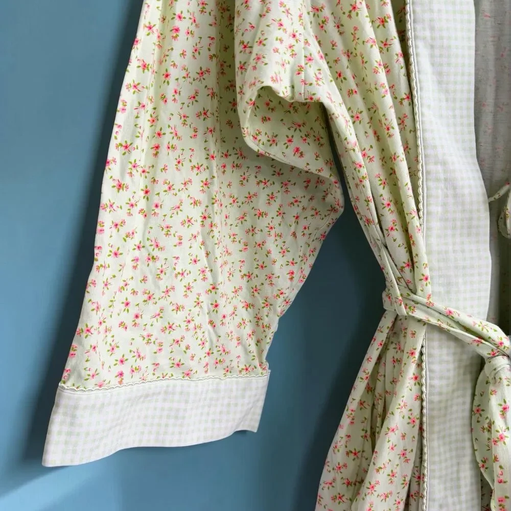 Charter Club Cottagecore Mint Green Floral Gingham Cotton Kimono Wrap Robe XL